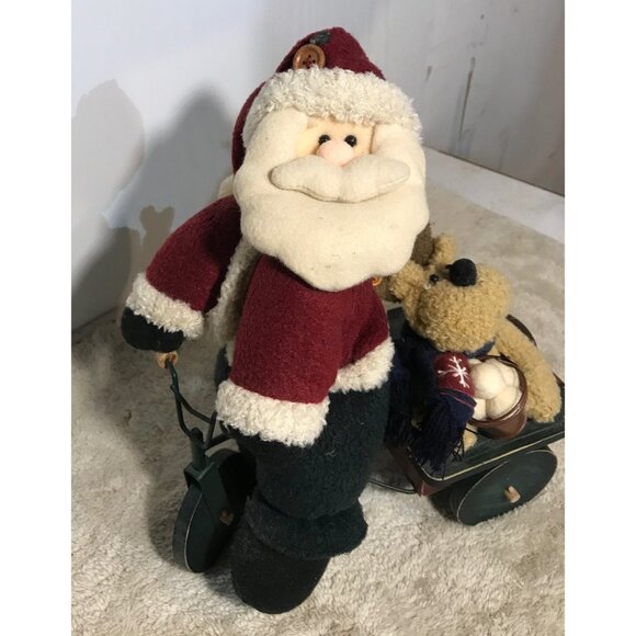 Santa Claus Riding a Bike & Reindeer Plush Toy Wagon 13" Tall 11" Wide - Picture 2 of 10